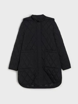 Sinsay - Pikowany płaszcz z kapturem - czarny