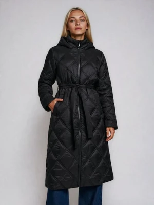 Sinsay - Pikowany płaszcz z kapturem - czarny