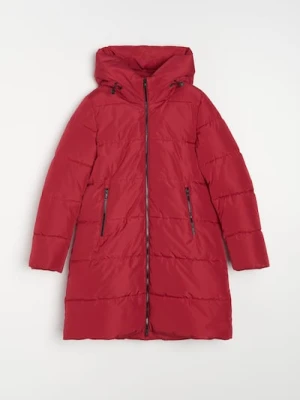 Sinsay - Pikowany płaszcz z kapturem - koralowy
