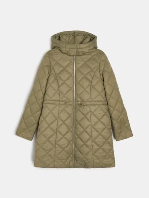 Sinsay - Pikowany płaszcz z kapturem - zielony