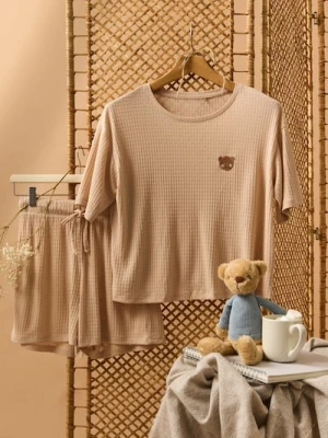 Sinsay - Piżama dwuczęściowa z haftem - beżowy