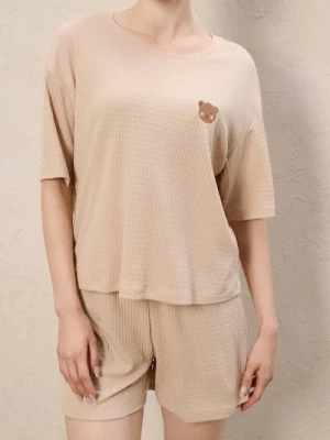 Sinsay - Piżama dwuczęściowa z haftem - beżowy