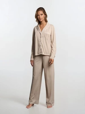 Sinsay - Piżama dwuczęściowa z kołnierzykiem - beżowy