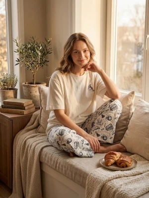 Sinsay - Piżama dwuczęściowa z rysunkowym nadrukiem - kremowy