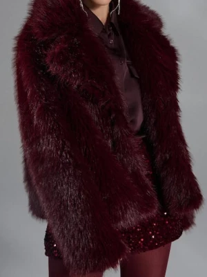 Sinsay - Płaszcz z imitacji futra - bordowy