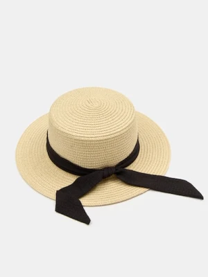 Sinsay - Pleciony kapelusz ze wstążką - kremowy
