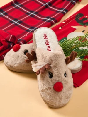 Zdjęcie produktu Sinsay - Pluszowe kapcie świąteczne w kształcie reniferów - beżowy