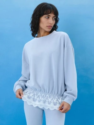 Sinsay - Prążkowana bluza crewneck loose fit z koronką - błękitny