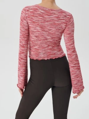 Sinsay - Prążkowana bluzka typu crop z długim rękawem i falowanym wykończeniem - czerwony