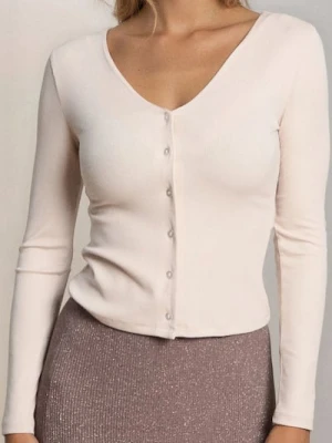 Sinsay - Prążkowana bluzka z dekoltem V - beżowy