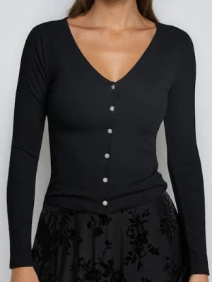 Sinsay - Prążkowana bluzka z dekoltem V - czarny