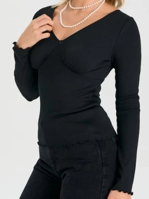Sinsay - Prążkowana bluzka z długim rękawem - czarny