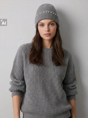 Sinsay - Prążkowana czapka beanie z domieszką wełny - szary