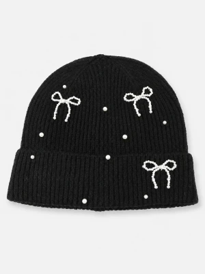 Sinsay - Prążkowana czapka beanie z ozdobną aplikacją kokard - czarny