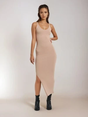 Sinsay - Prążkowana dzianinowa sukienka midi na ramiączkach z wiskozą - beżowy