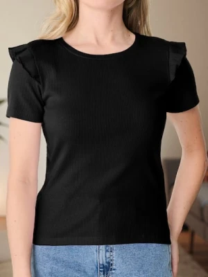 Sinsay - Prążkowana koszulka z falbankami - czarny