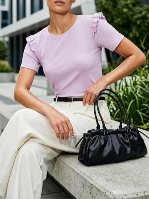 Sinsay - Prążkowana koszulka z falbankami - fioletowy