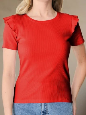 Sinsay - Prążkowana koszulka z falbankami - koralowy