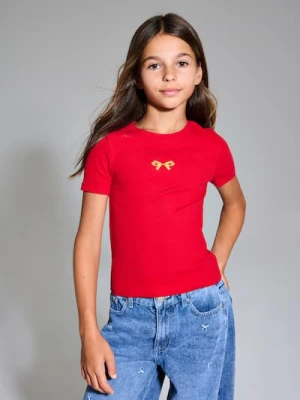 Sinsay - Prążkowana koszulka z haftem - czerwony