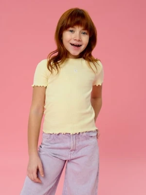 Sinsay - Prążkowana koszulka z haftowanym kwiatkiem - żółty