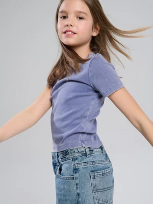 Sinsay - Prążkowana koszulka z krótkim rękawem - niebieski