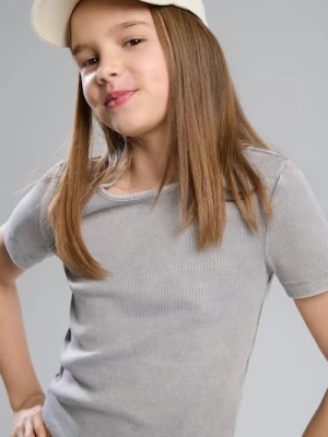 Sinsay - Prążkowana koszulka z krótkim rękawem - szary