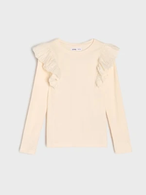 Sinsay - Prążkowana koszulka z ozdobnymi falbanami - biały