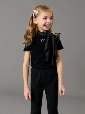 Sinsay - Prążkowana koszulka z ozdobnymi falbanami - czarny