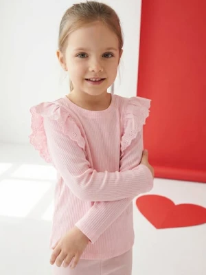 Sinsay - Prążkowana koszulka z ozdobnymi falbanami - różowy