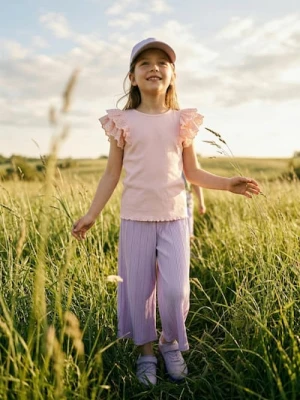 Sinsay - Prążkowana koszulka z ozdobnymi falbanami - różowy