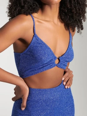 Sinsay - Prążkowana koszulka z połyskiem i pierścieniem na dekolcie - niebieski