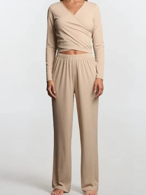 Sinsay - Prążkowana piżama dwuczęściowa - kremowy