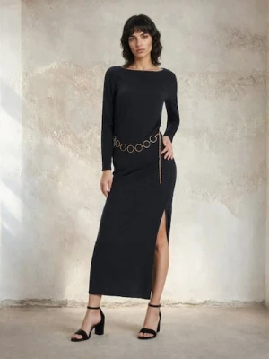 Sinsay - Prążkowana sukienka maxi z paskiem z kółek - niebieski