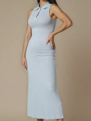 Sinsay - Prążkowana sukienka maxi z wiskozy bez rękawów z kołnierzykiem - błękitny