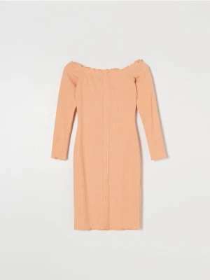 Sinsay - Prążkowana sukienka midi hiszpanka z guzikami - pomarańczowy