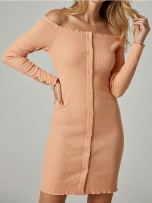 Sinsay - Prążkowana sukienka midi hiszpanka z guzikami - pomarańczowy