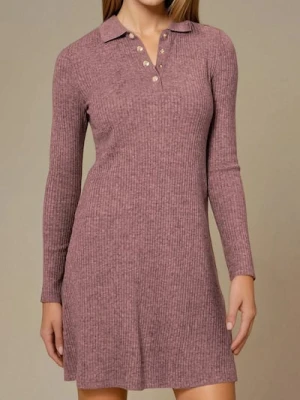 Sinsay - Prążkowana sukienka mini z kołnierzykiem i wiskozą - różowy