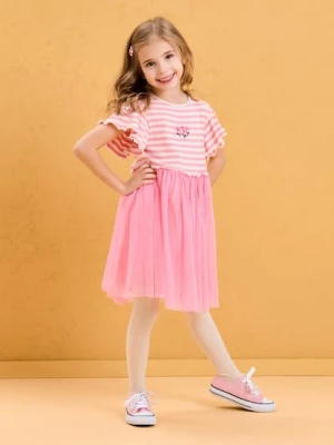 Sinsay - Prążkowana sukienka mini z tiulowym dołem - różowy