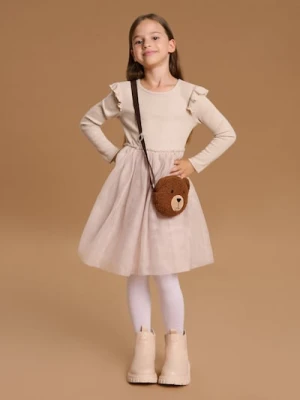 Sinsay - Prążkowana sukienka z tiulem - kremowy