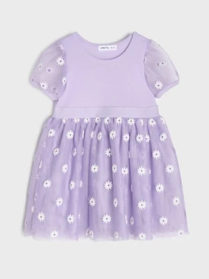 Sinsay - Prążkowana sukienka z tiulową spódnicą i haftowanymi kwiatuszkami - fioletowy