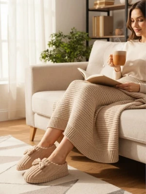 Sinsay - Prążkowane kapcie z ozdobną kokardką - beżowy