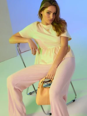 Sinsay - Prążkowane spodnie wide leg - różowy