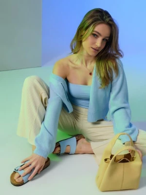 Sinsay - Prążkowane spodnie wide leg - żółty