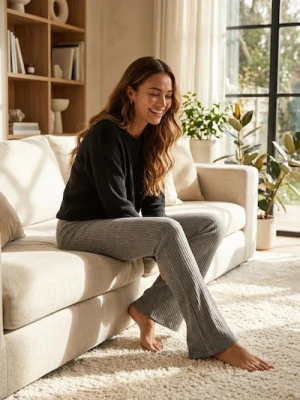 Sinsay - Prążkowane spodnie z szeroką nogawką - szary