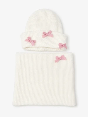 Sinsay - Prążkowany komplet z kokardkami: czapka beanie i komin 2 pack - kremowy