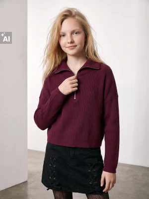 Sinsay - Prążkowany sweter half-zip z wiskozą - bordowy