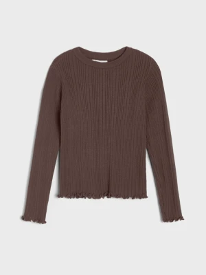 Sinsay - Prążkowany sweter slim fit z ozdobnymi falbanami z wiskozą - brązowy