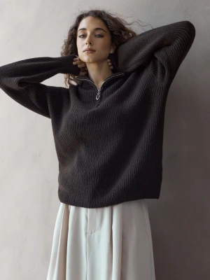 Sinsay - Prążkowany sweter ze stójką i krótkim zamkiem - dark grey jeans