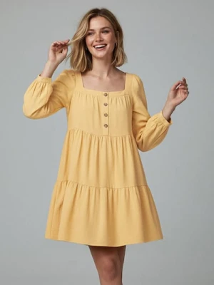 Sinsay - Rozkloszowana sukienka mini z dekoltem karo i guzikami z przodu - kremowy