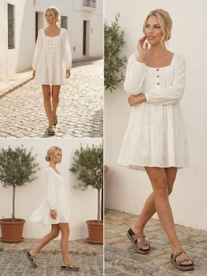 Sinsay - Rozkloszowana sukienka mini z dekoltem karo i guzikami z przodu - kremowy